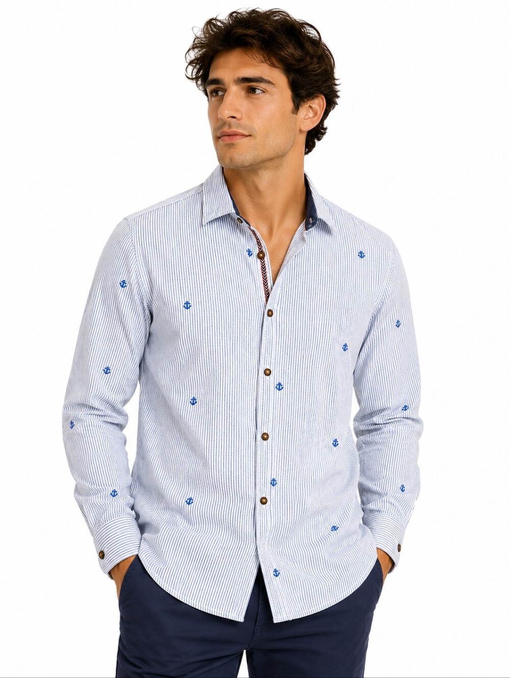 PD&C Blue & White Striped Anchor Embroidered Button-Up Shirt Size Small